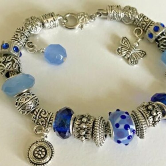 European Style Silver Plated Charm Bracelet with Beads, Lobster Closure, 9" Long - Picture 10 of 12
